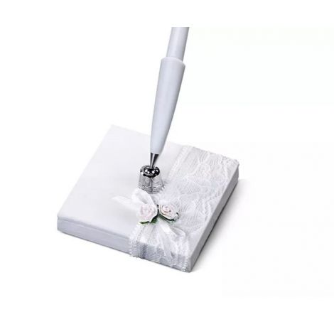 Stojaczek z długopisem 8x8x16cm koronka/różyczki białe - 2